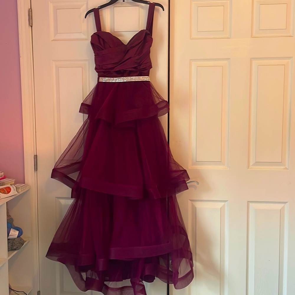 Say Yes to the Prom Dress Maroon Strapless Rhinestone Tier Dress